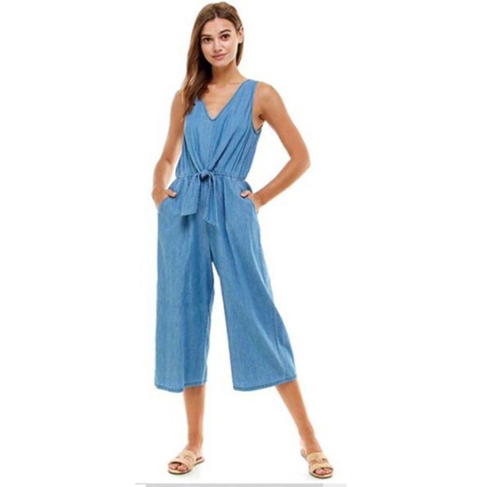 AUW Women's V-Neck Knotted Front Denim  Wide Leg Jumpsuit